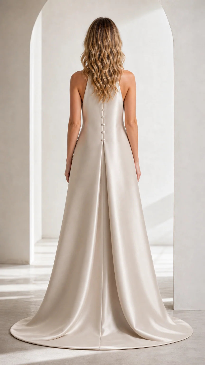 Back view of Champagne satin gown showing button details and floor-sweeping train