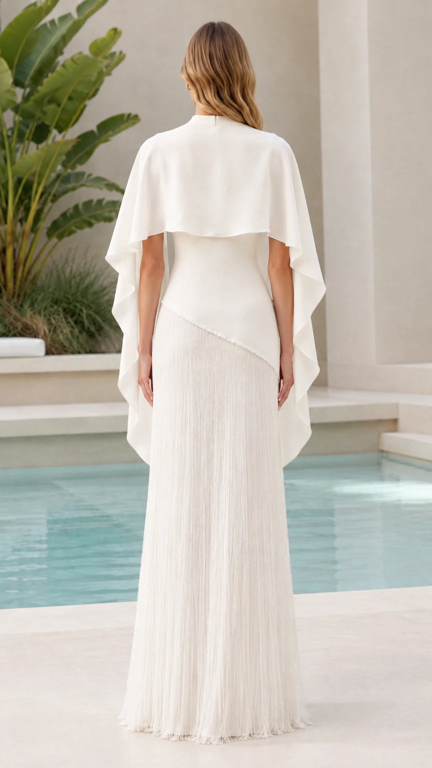 White draped cape high neck maxi dress back view
