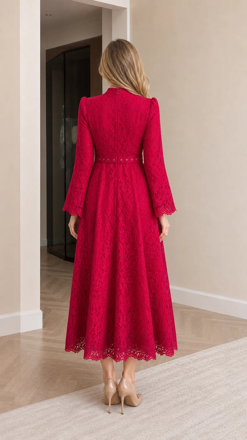 Back view of woman wearing elegant red lace A-line maxi dress