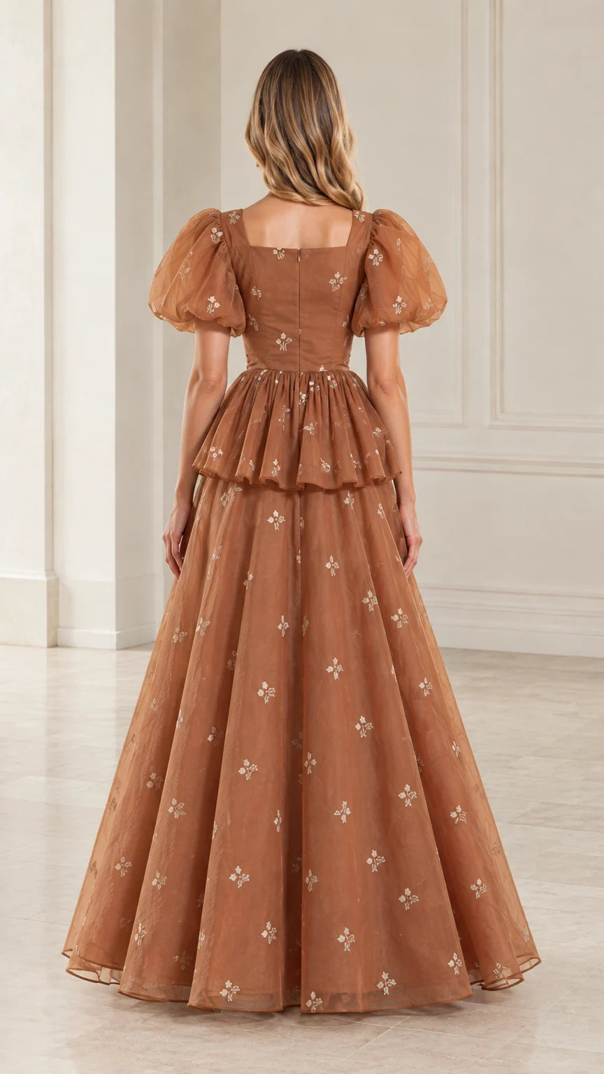 Back view of woman wearing toffee brown square back peplum evening maxi dress