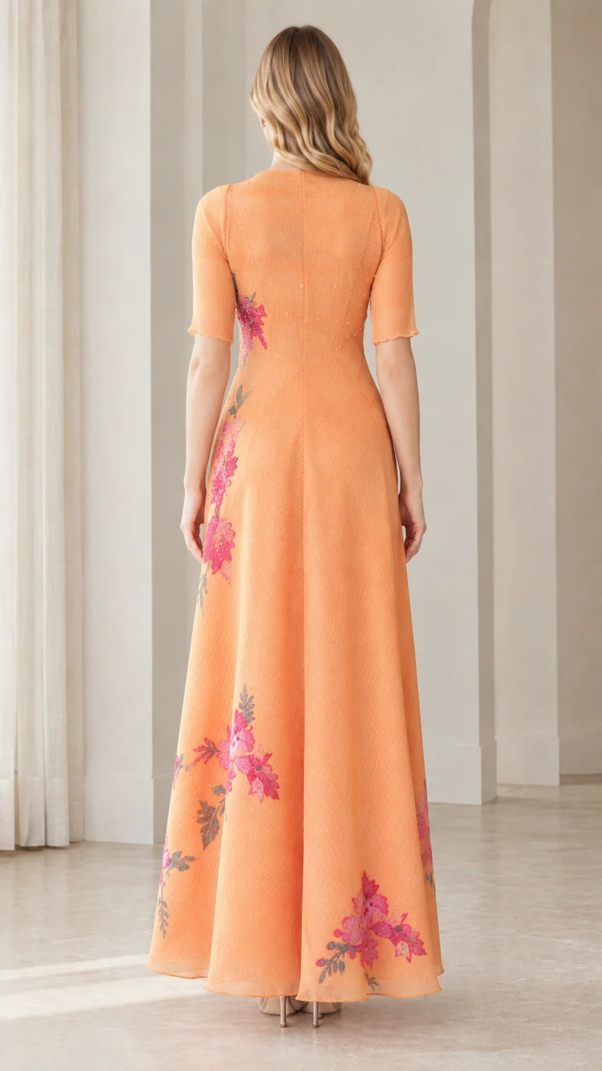 Back view of apricot orange A-line maxi dress with high back neckline