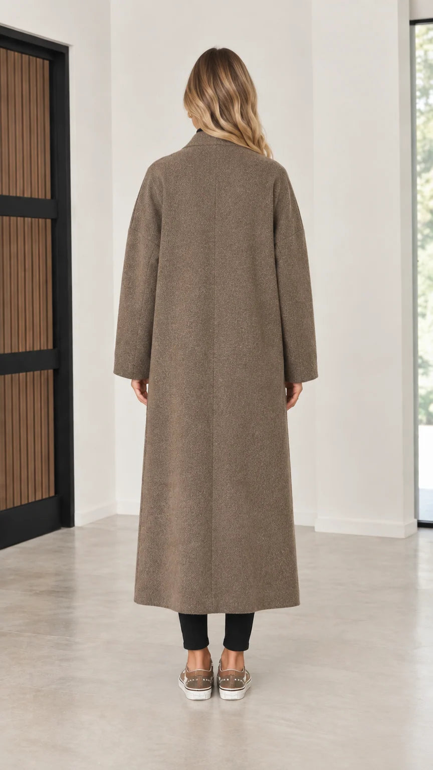 Back view of model wearing mocha longline open front coatigan