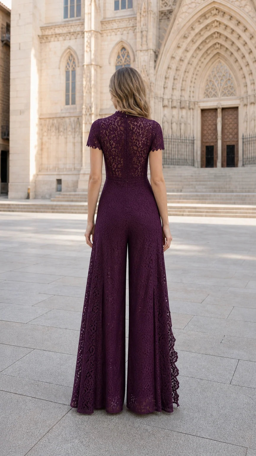 Back view of woman wearing Plum floral lace wide-leg jumpsuit