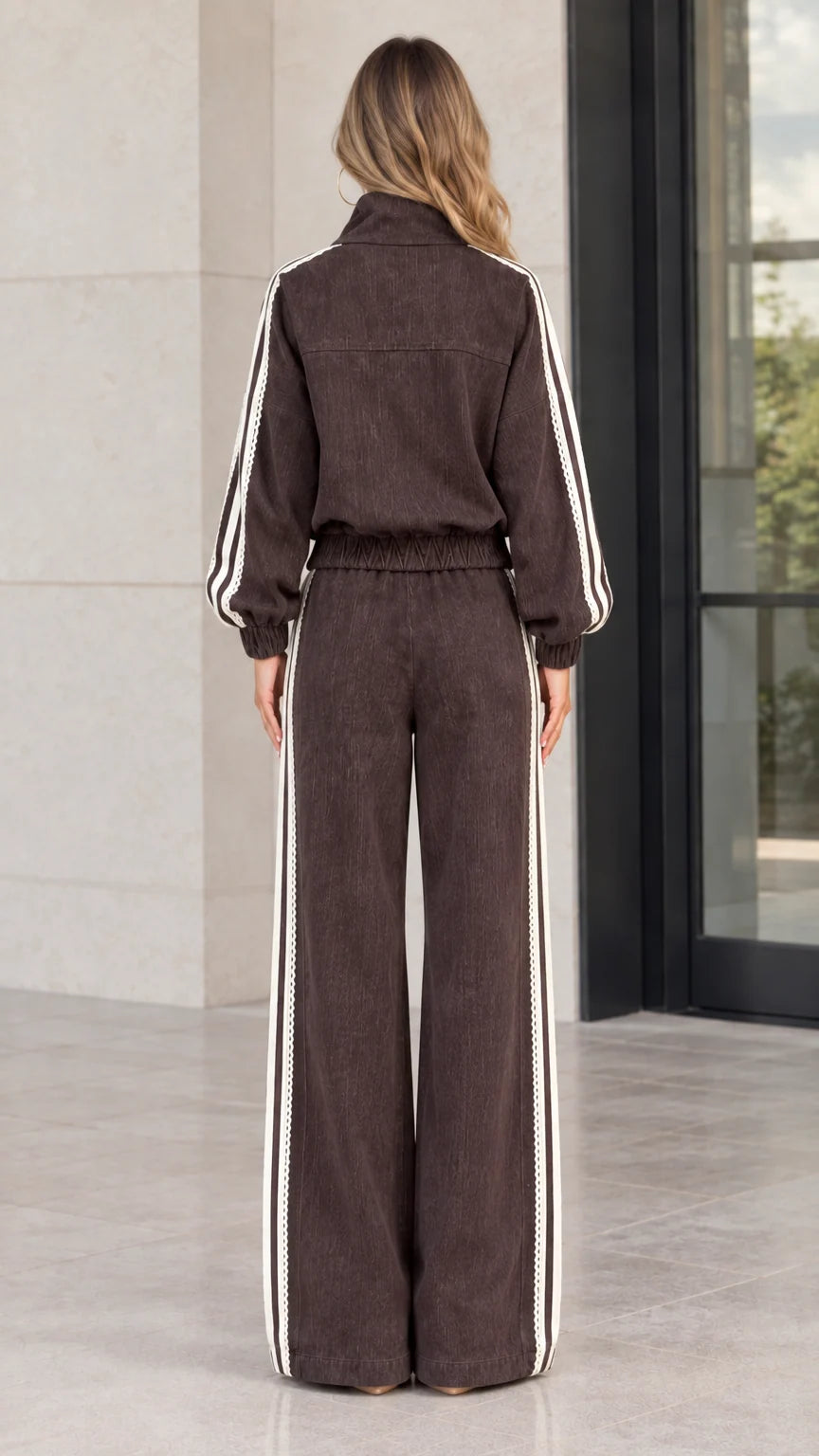 Back view of woman wearing brown corduroy track jacket and wide-leg trousers