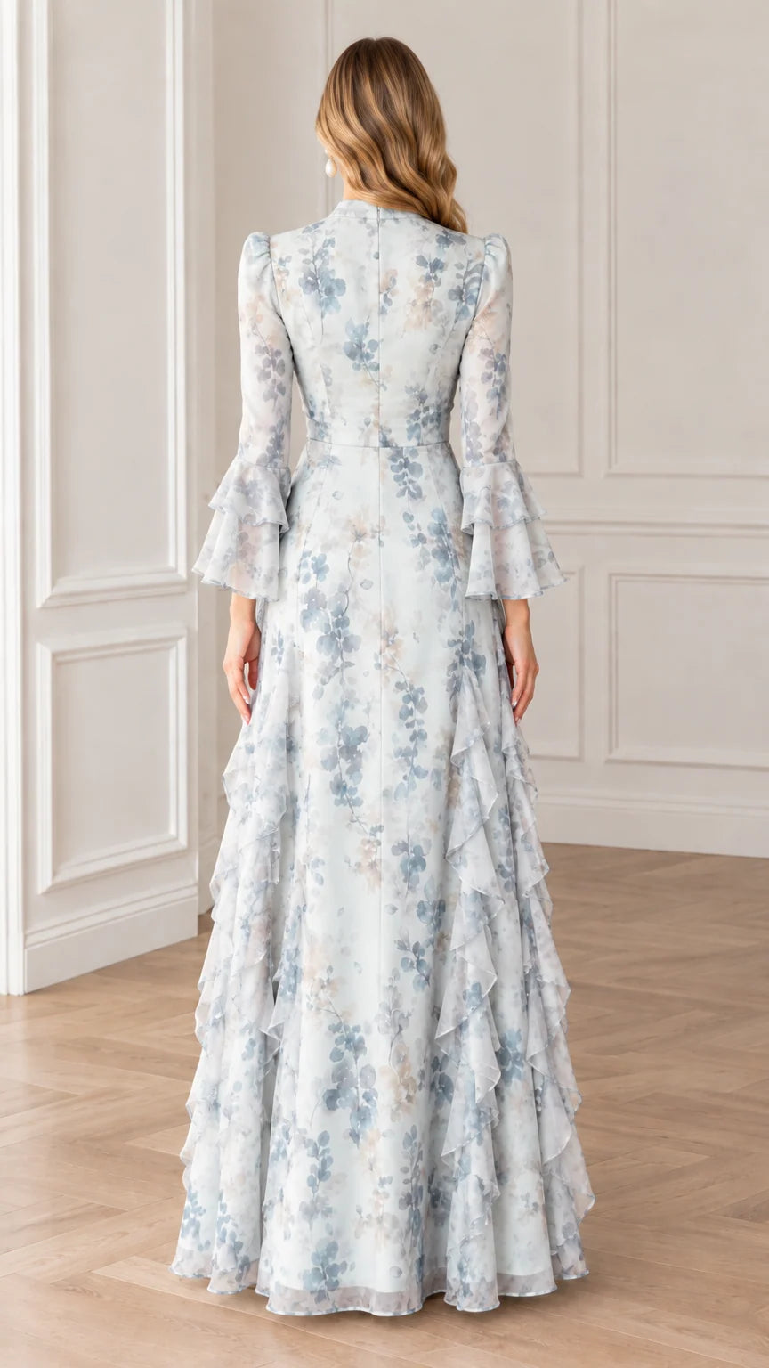 Back view of woman wearing Light Blue floral long-sleeve maxi dress