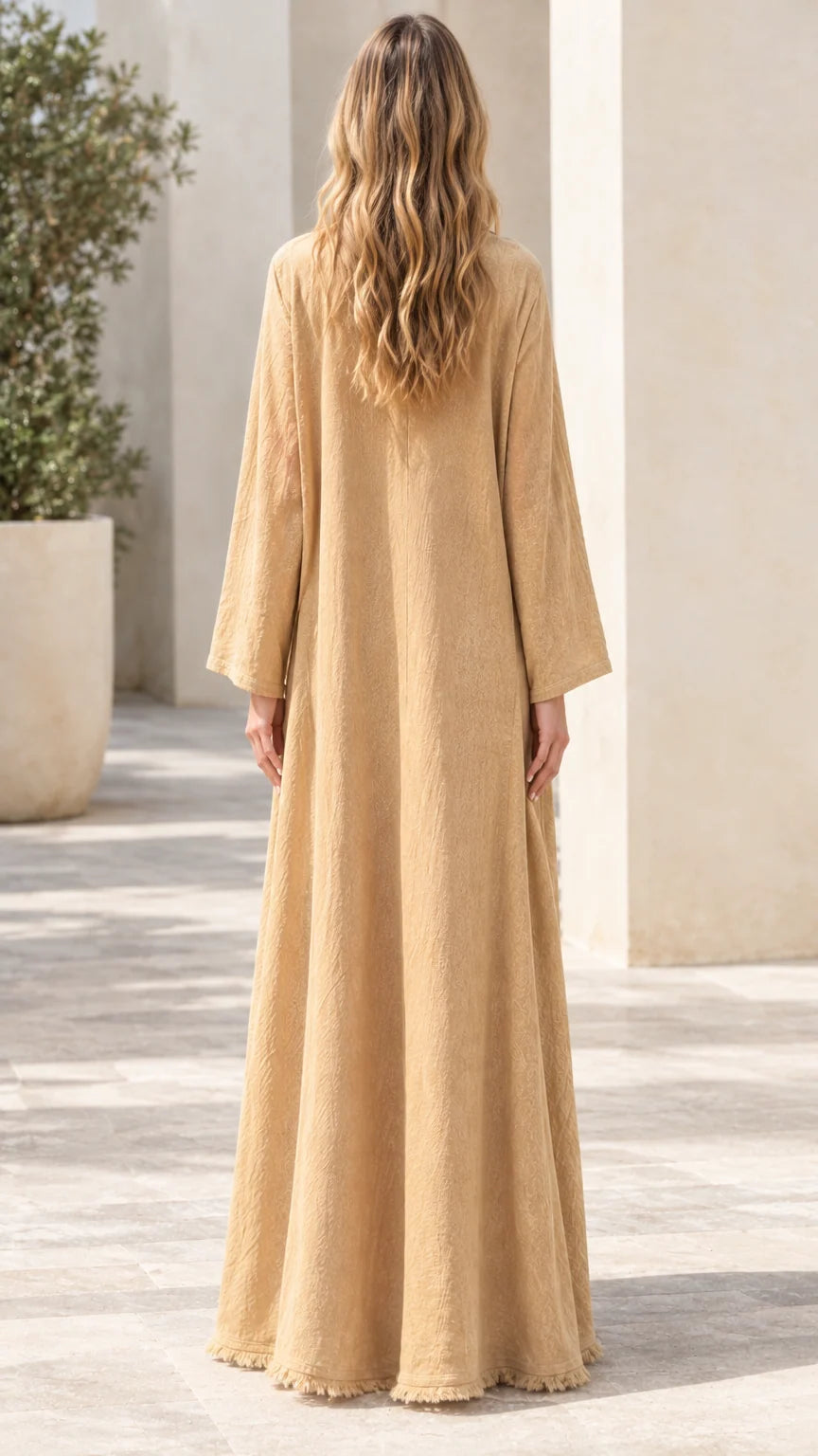 Back view of full length relaxed Sand Beige maxi dress and cardigan