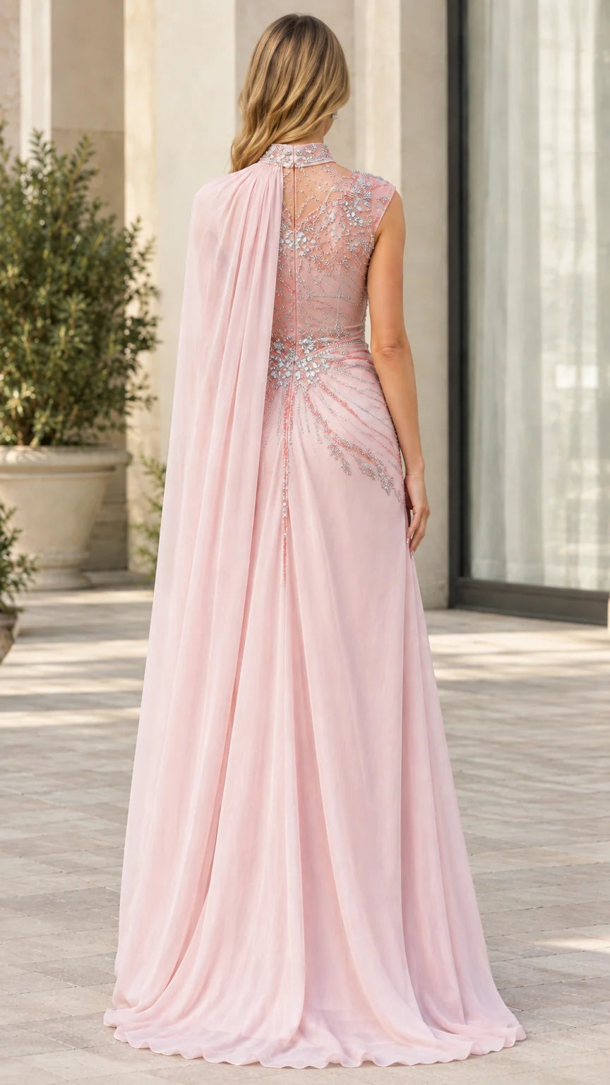 Back view of Blush Pink gown showcasing flowing chiffon cape train