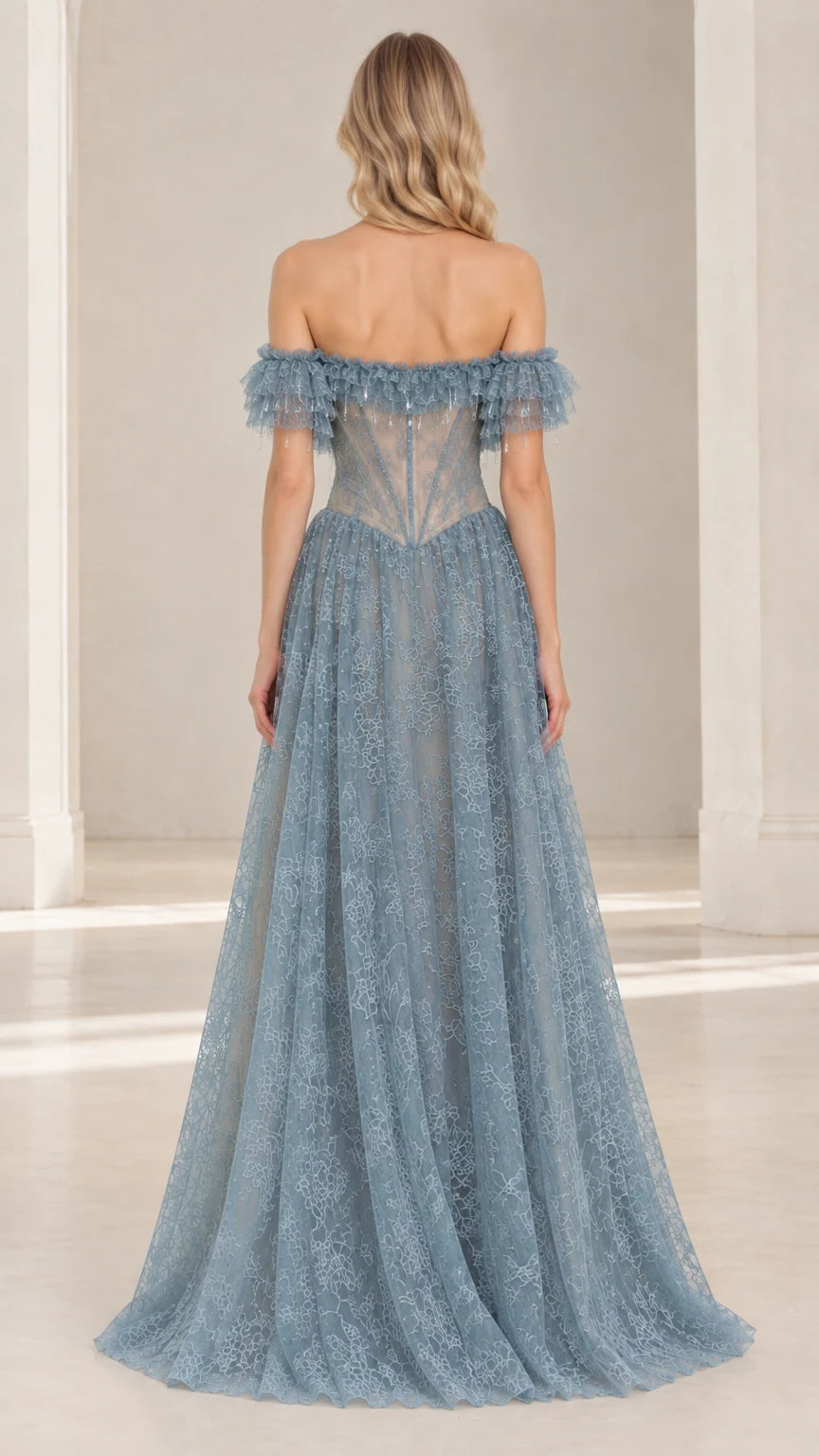 Dusty Blue lace evening gown back view
