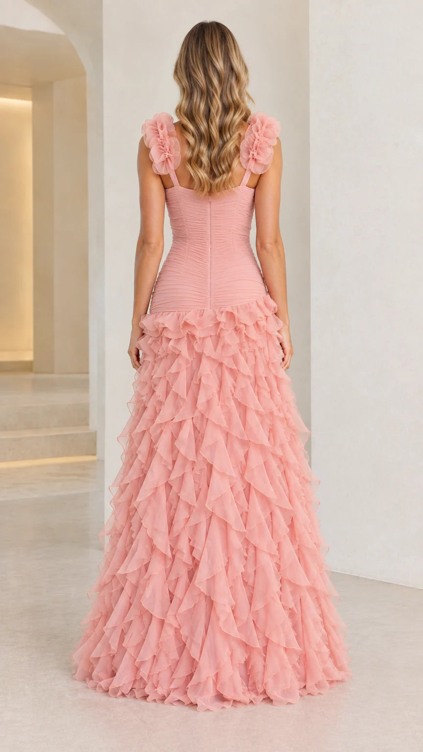 Back view of Dusty Pink ruched bodice tiered ruffle maxi dress