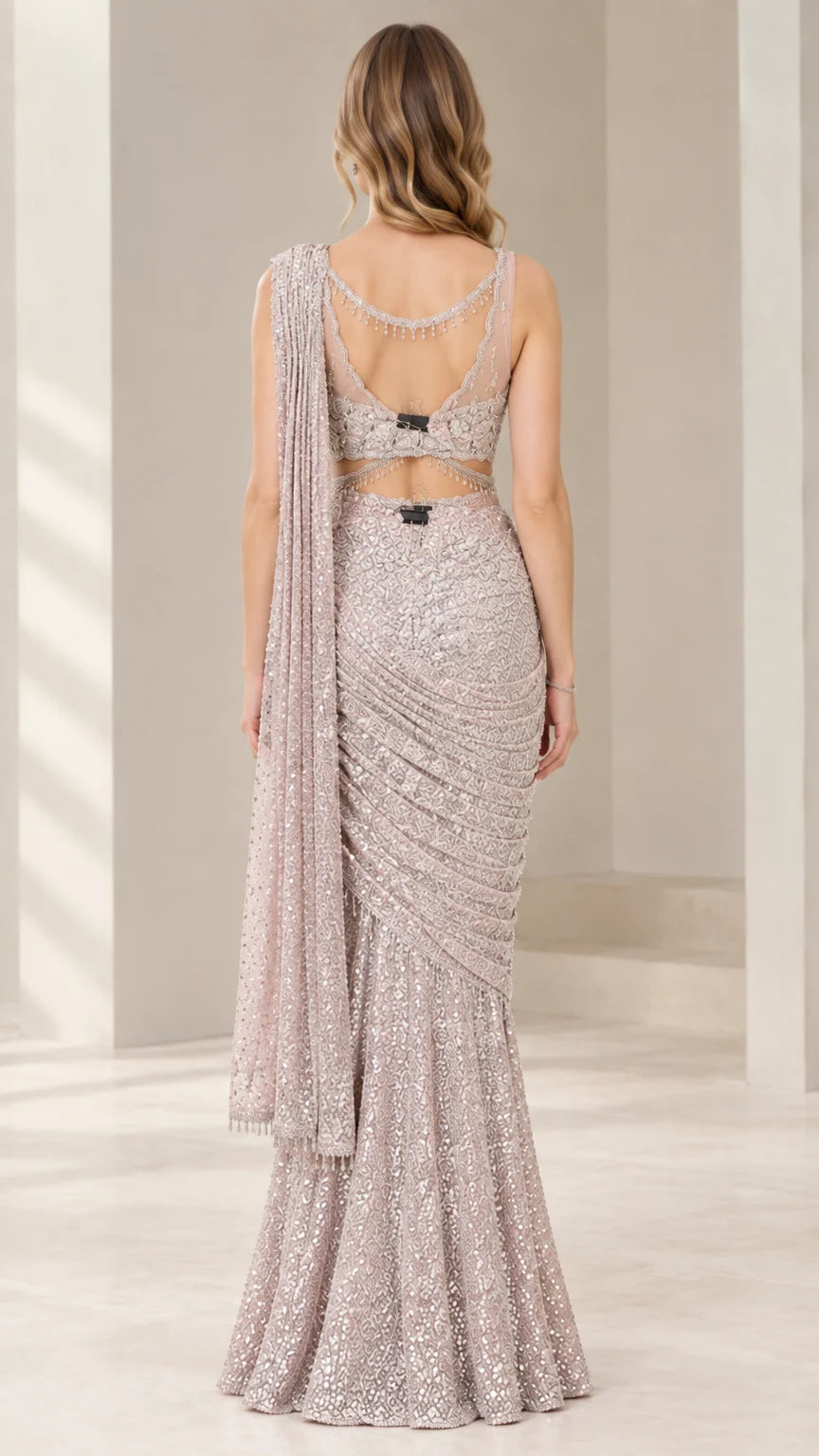 Back view of Dusty Mauve pre-draped saree gown highlighting back cutouts and beaded straps