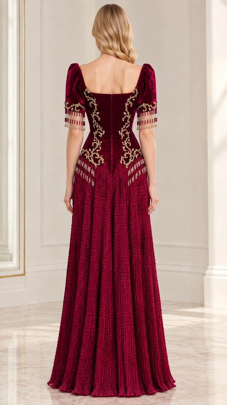 Back view of Burgundy velvet evening dress showing square back and pleated skirt