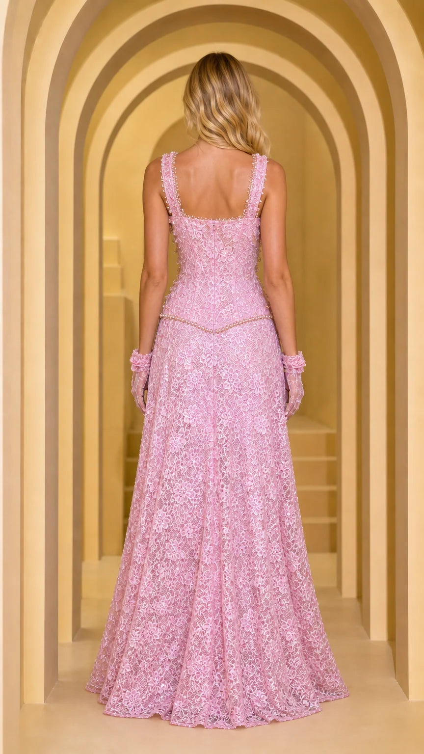 Back view of pink lace evening gown