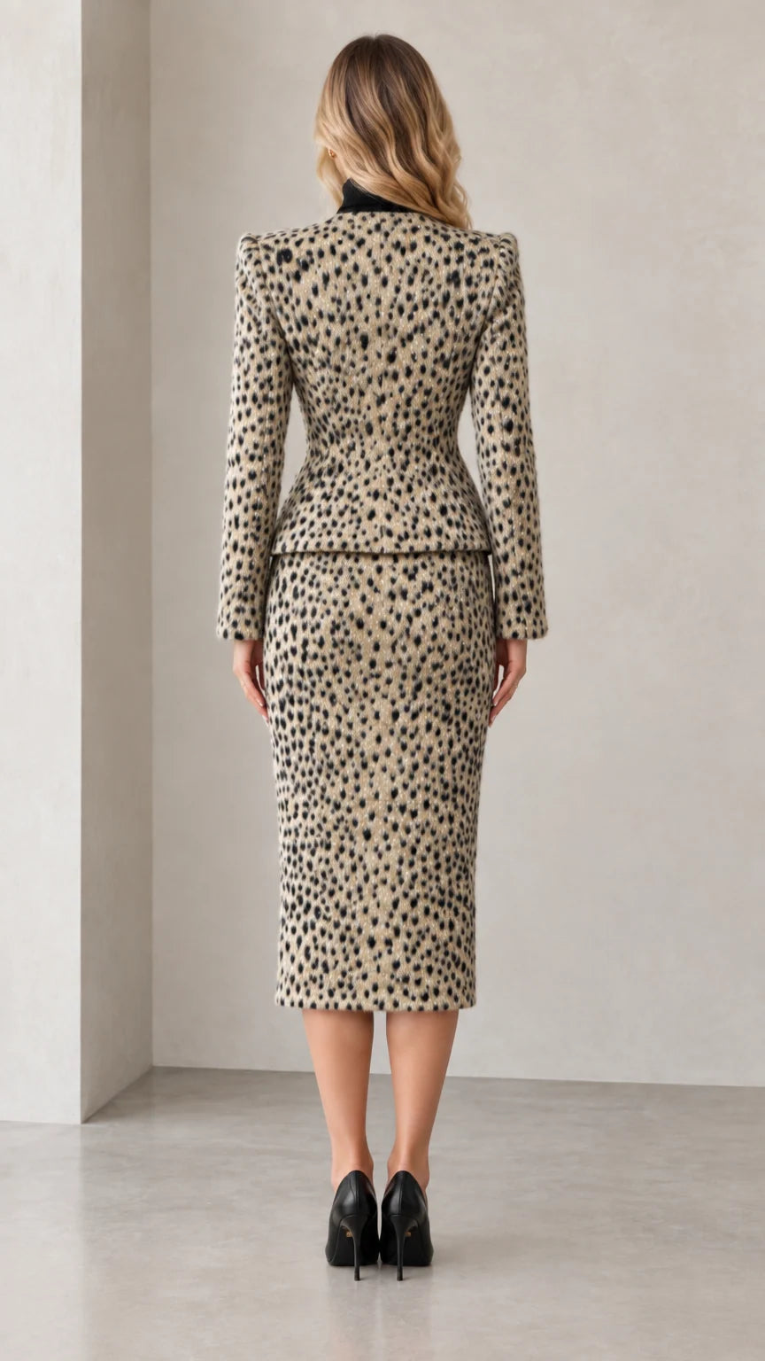 Rear view showing back construction of beige peplum jacket and pencil skirt