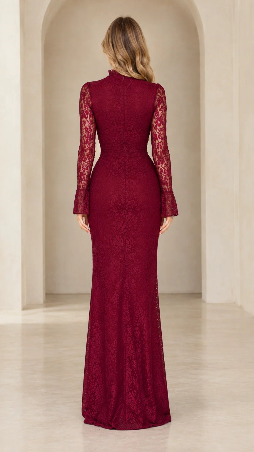 Burgundy lace evening gown back view showing zipper and fit