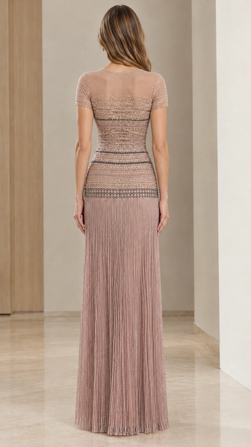 Dusty rose floor-length evening dress - back view