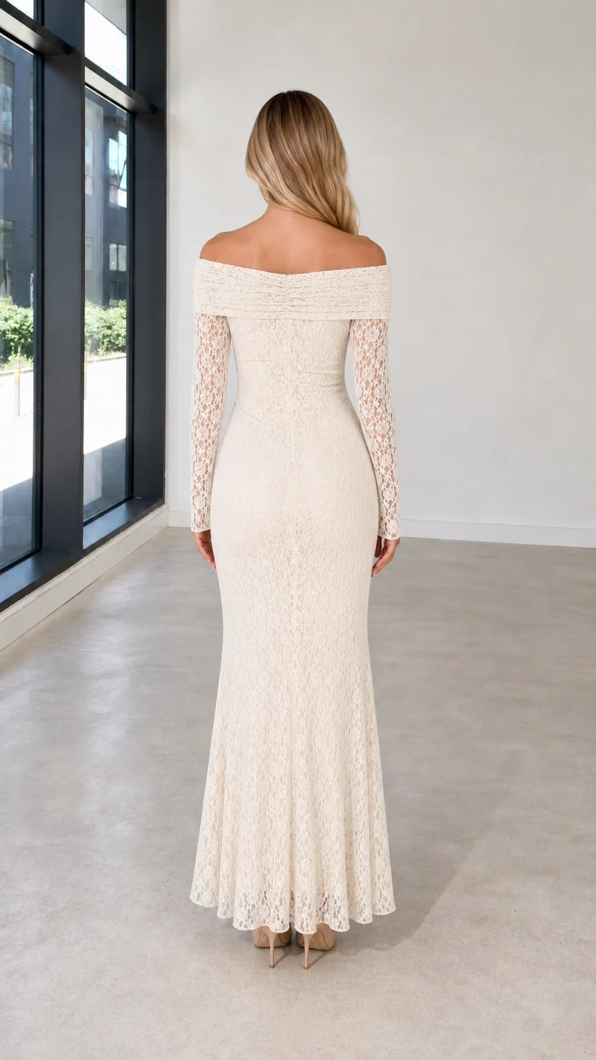 Full back view of ivory lace formal gown