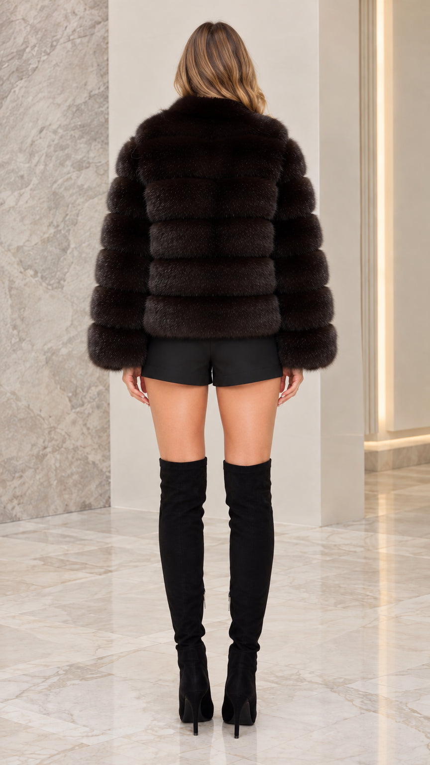 Back view of model wearing black banded faux fur jacket