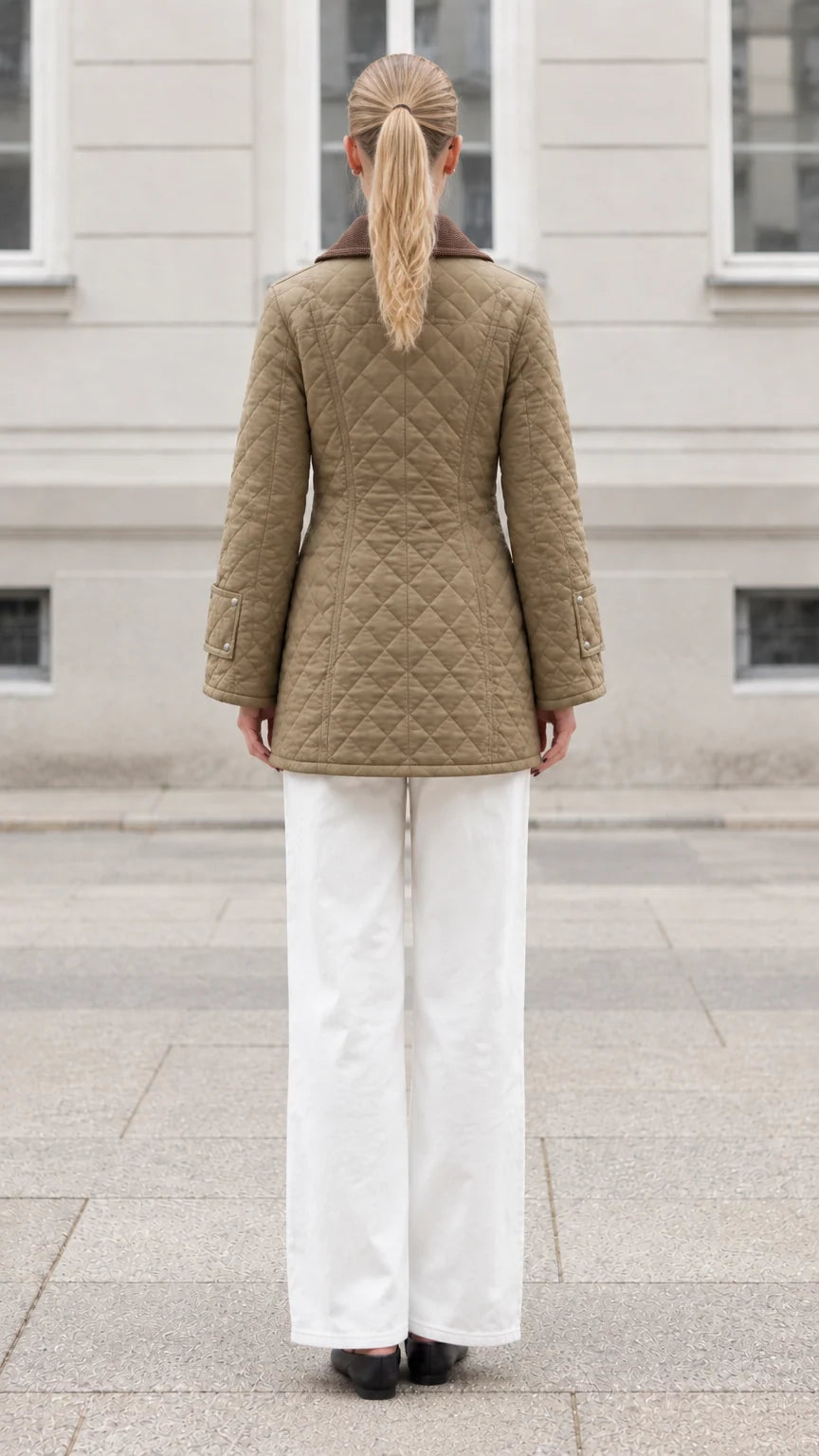 Back view of woman wearing khaki mid-length diamond quilted jacket