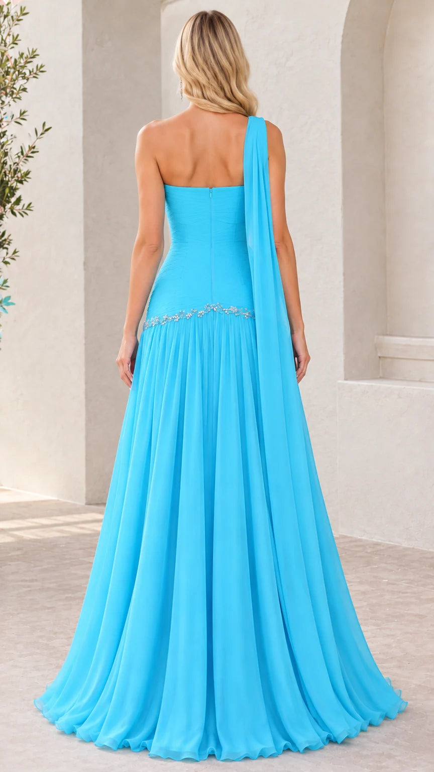 Aqua blue evening gown back view showing draped shoulder sash and zipper closure