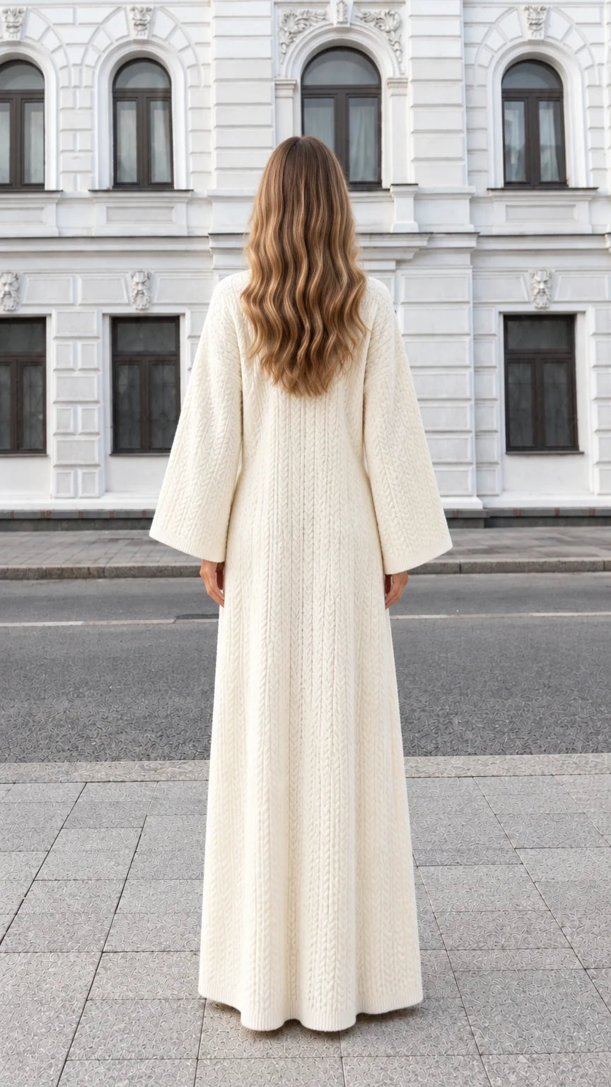 Back view of woman wearing full-length cream knit open duster cardigan