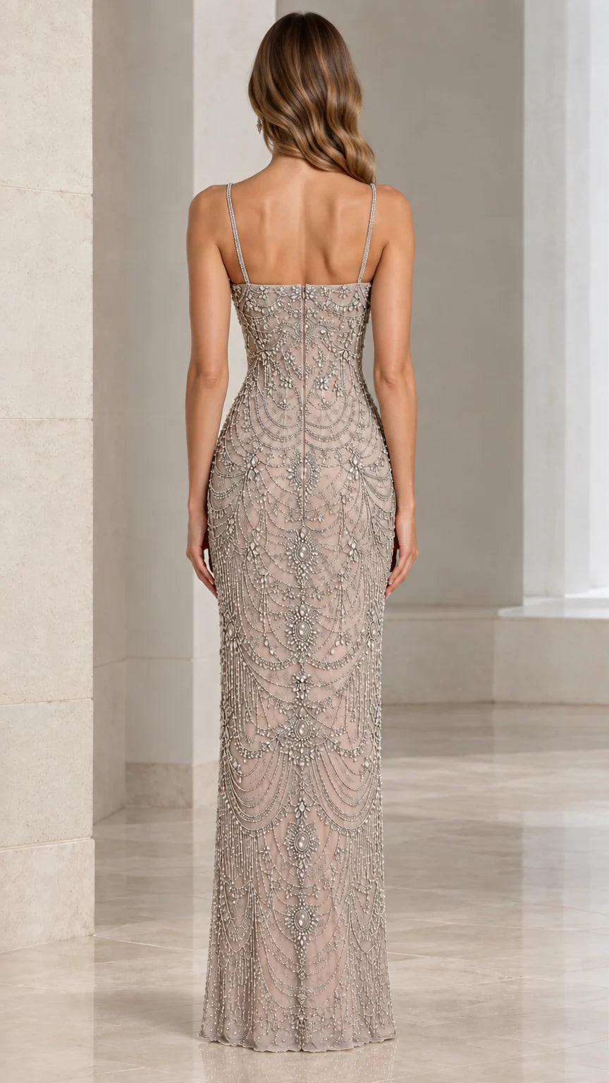 Back view of champagne embellished evening gown with square backline