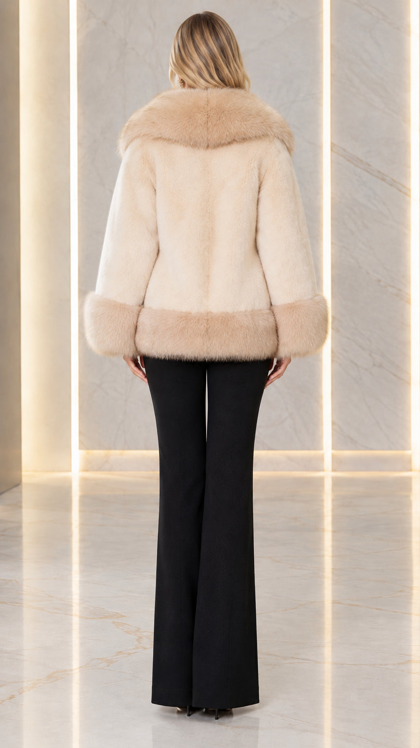Back view of model wearing beige faux fur coat showing clean silhouette and plush bottom hem