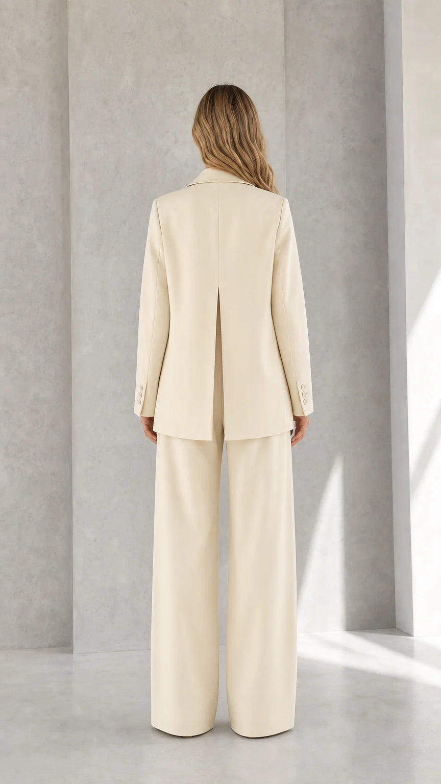 Back view of woman wearing cream blazer and wide-leg pants showing inverted back vent