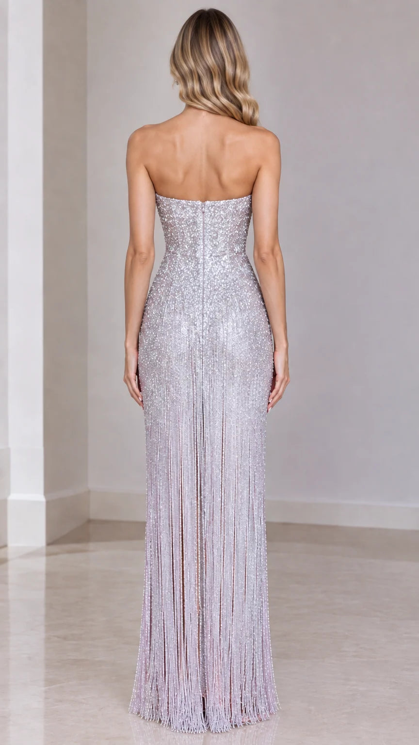 Silver strapless beaded evening gown back view