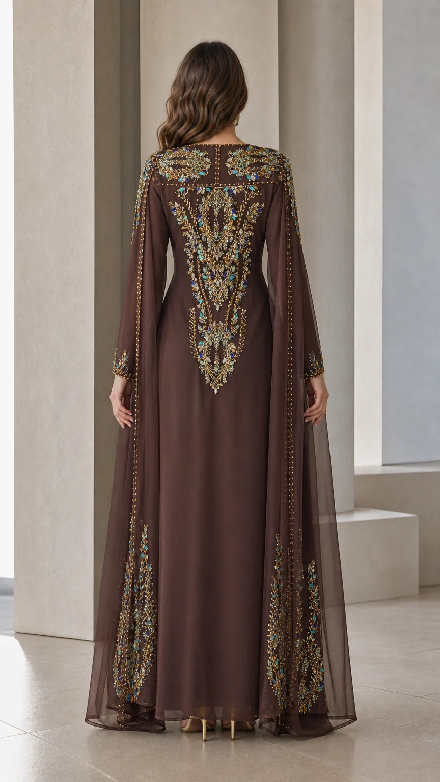 Back view of brown cape maxi dress highlighting ornate crystal embroidery