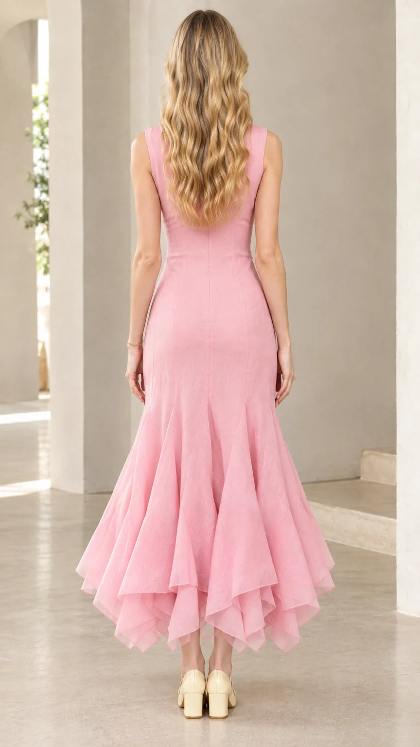 Back view of woman wearing pink sleeveless midi dress showing fitted waist and layered ruffle skirt