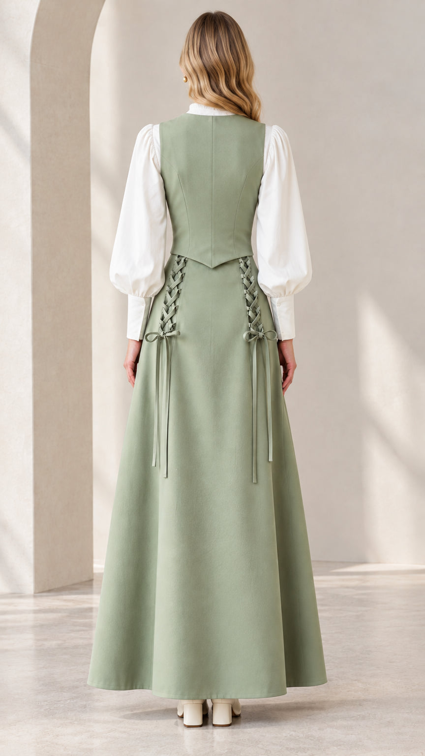 Back view of sage green tailored vest and maxi skirt set
