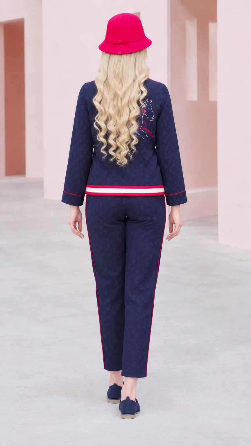 Back view of navy blue two-piece belted pant set