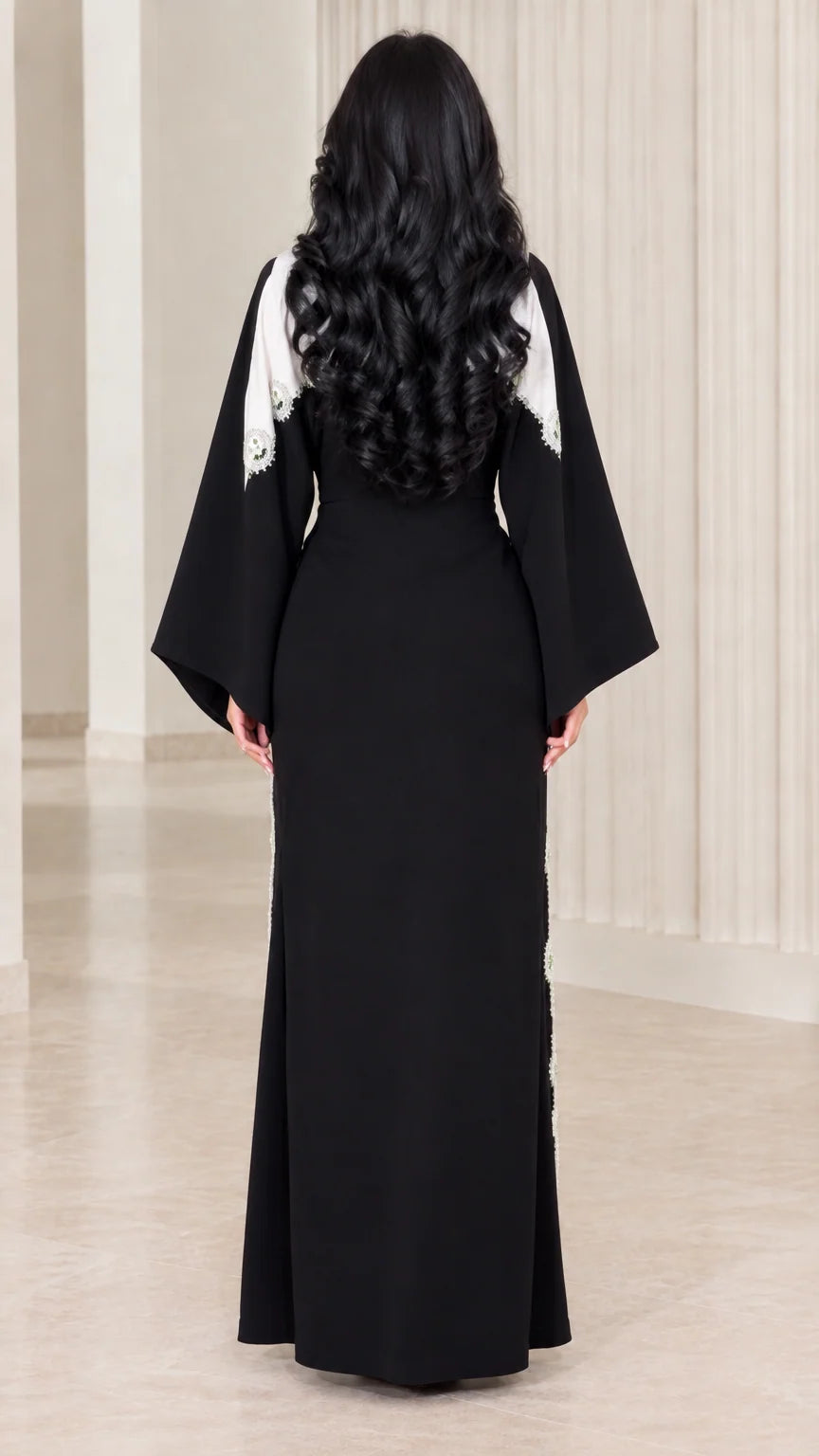 Black contrast embellished bell sleeve maxi dress back view