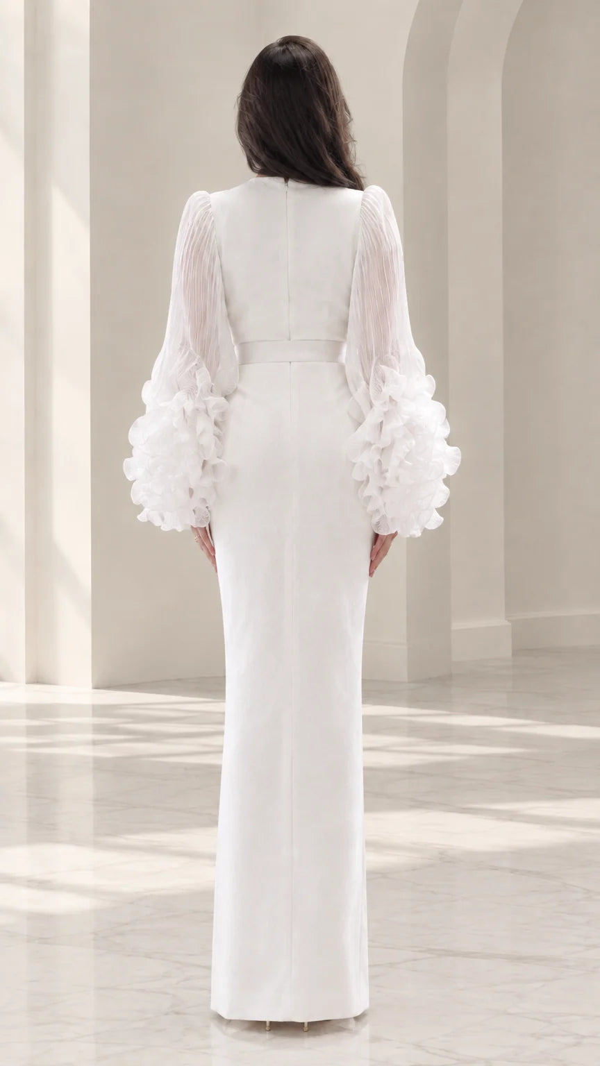 Back view of white long sleeve evening gown with concealed zipper