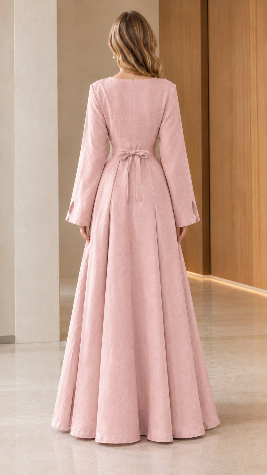 Back view of Blush Pink A-line maxi gown showcasing adjustable waist tie