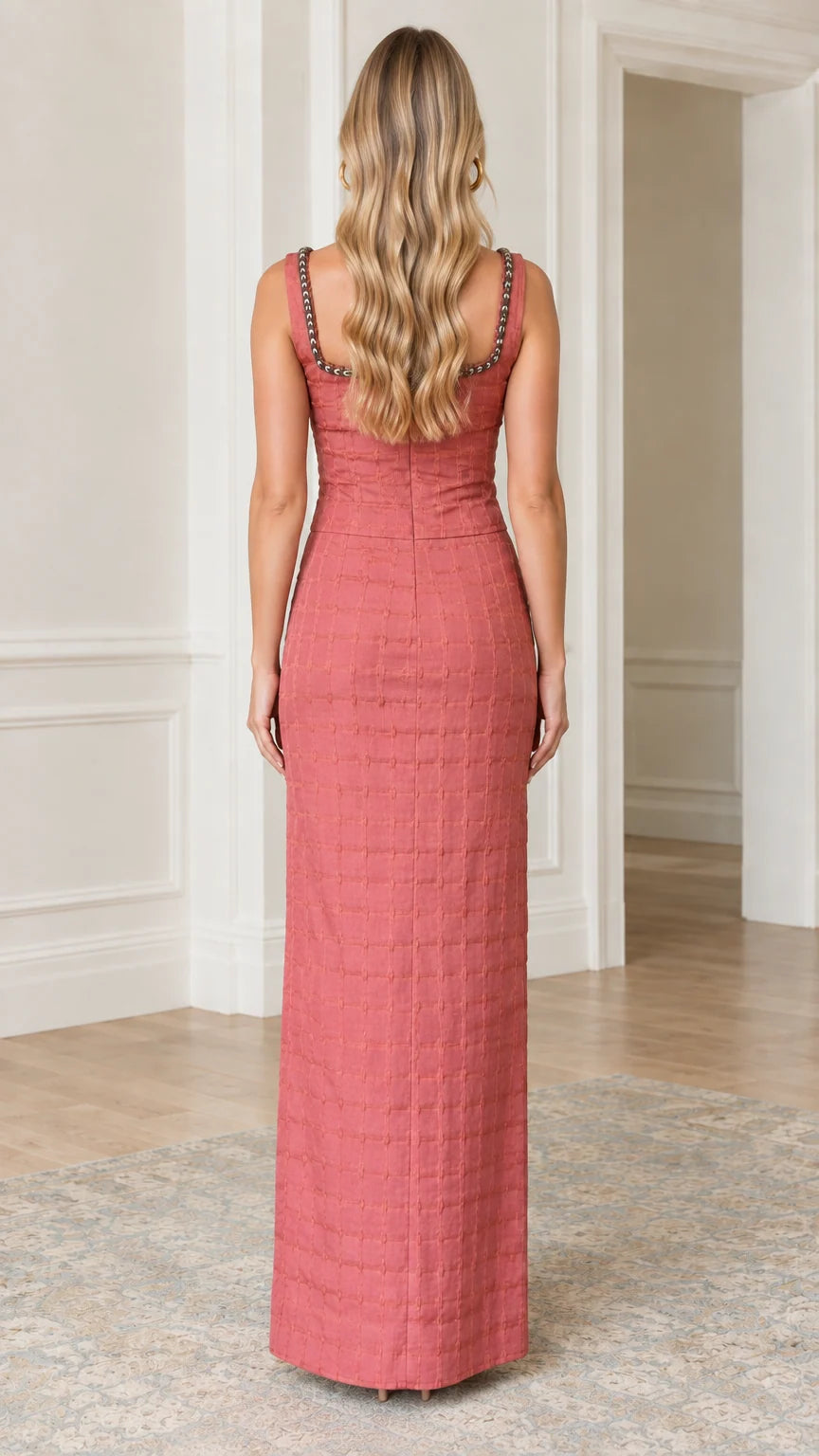 Back view of dusty rose textured maxi dress showing clean straight fit
