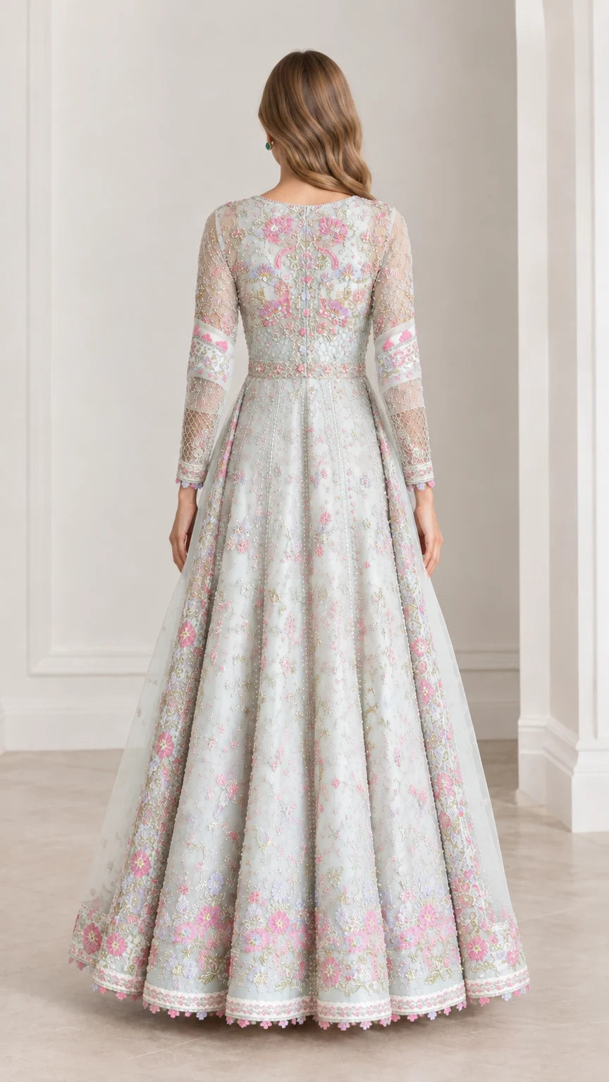 Back view of model in Ice Blue floor-length embroidered evening dress