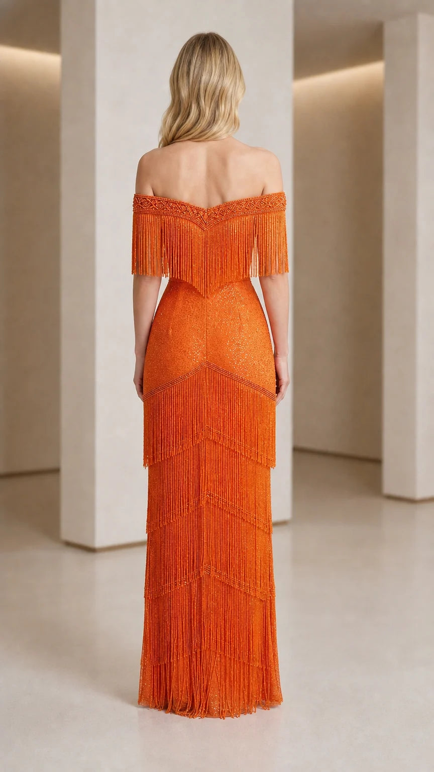 Back view of orange off-shoulder formal gown
