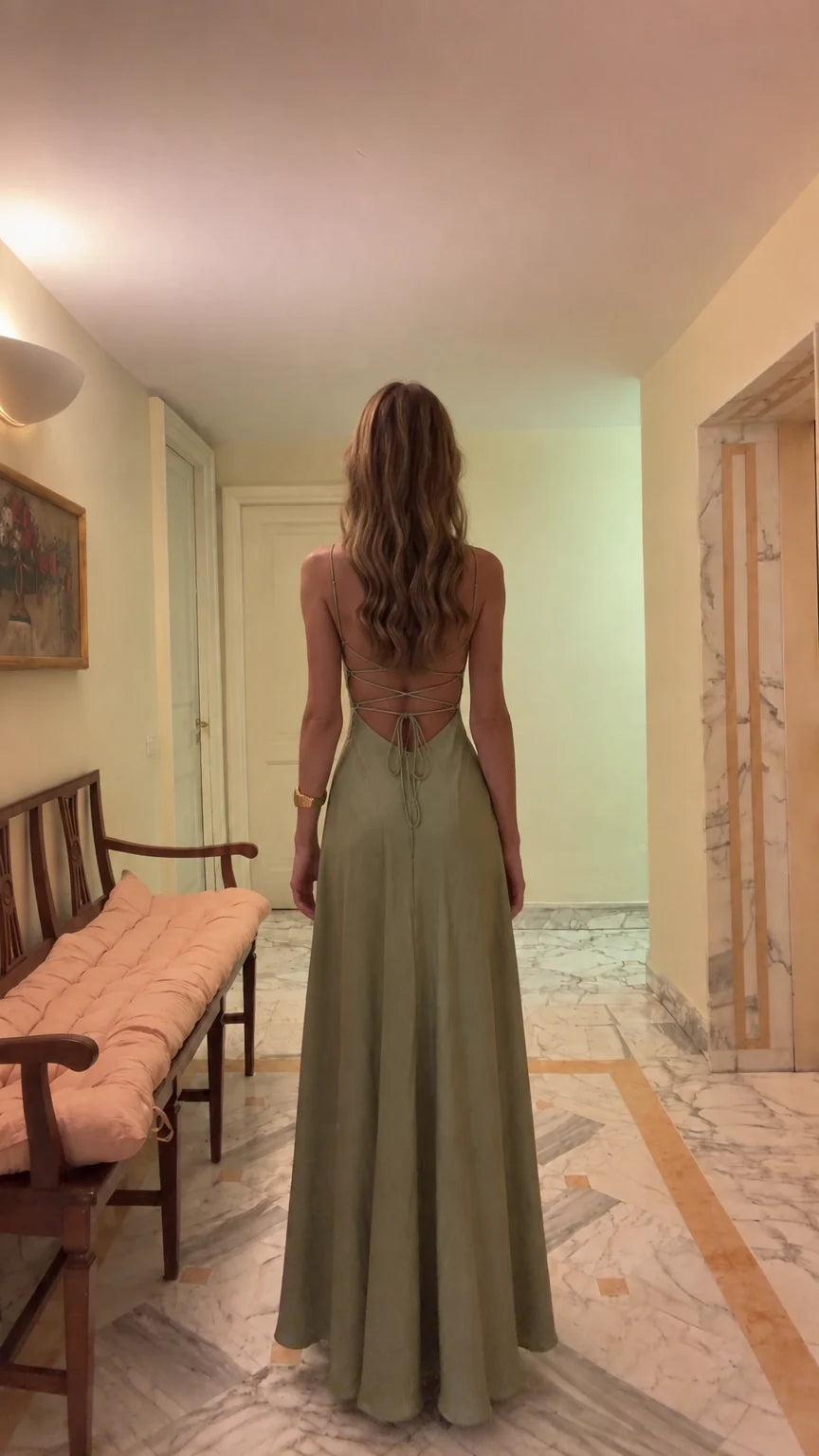 Full back view of Sage Green satin maxi gown showing crisscross lace-up back