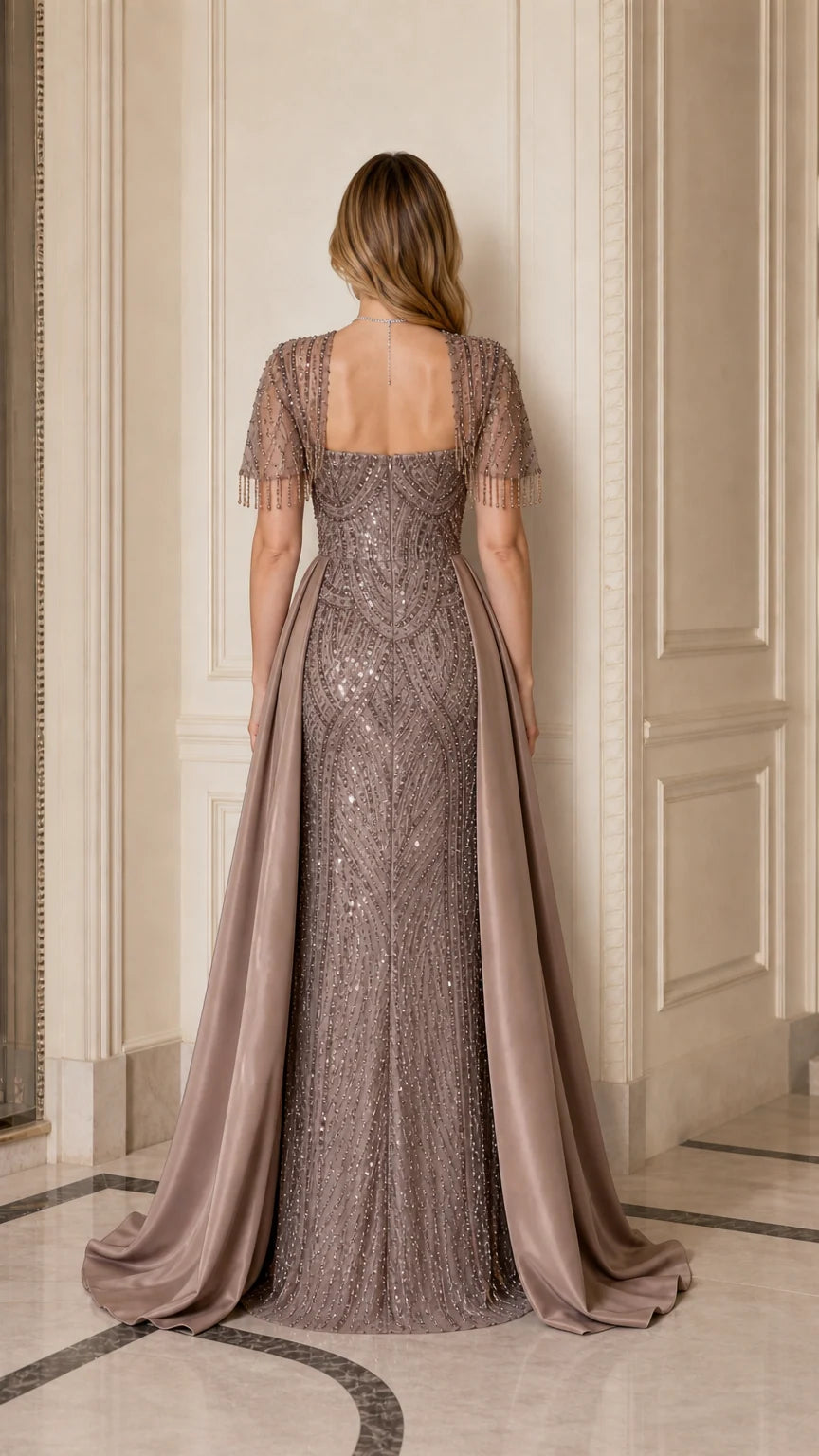 Taupe floor-length sequin gown with back satin overskirt view