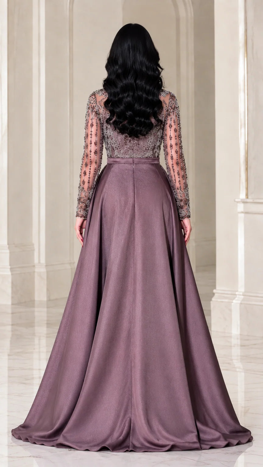 Back view of dusty mauve evening gown showcasing the smooth satin overskirt