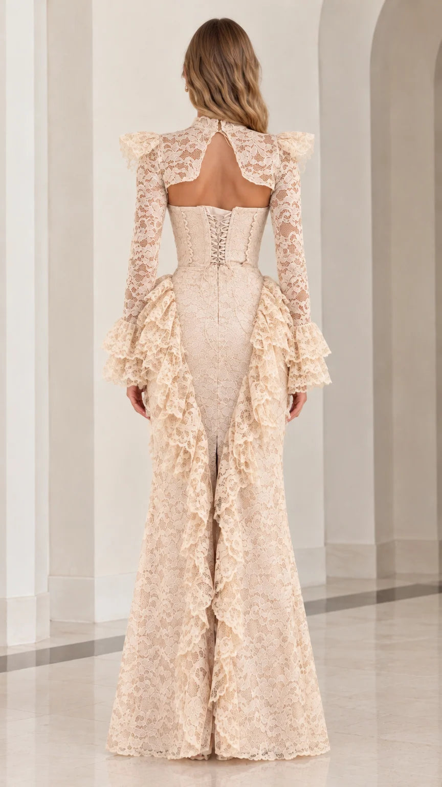 Back view of Champagne lace evening gown showing keyhole cut-out and lace-up corset back