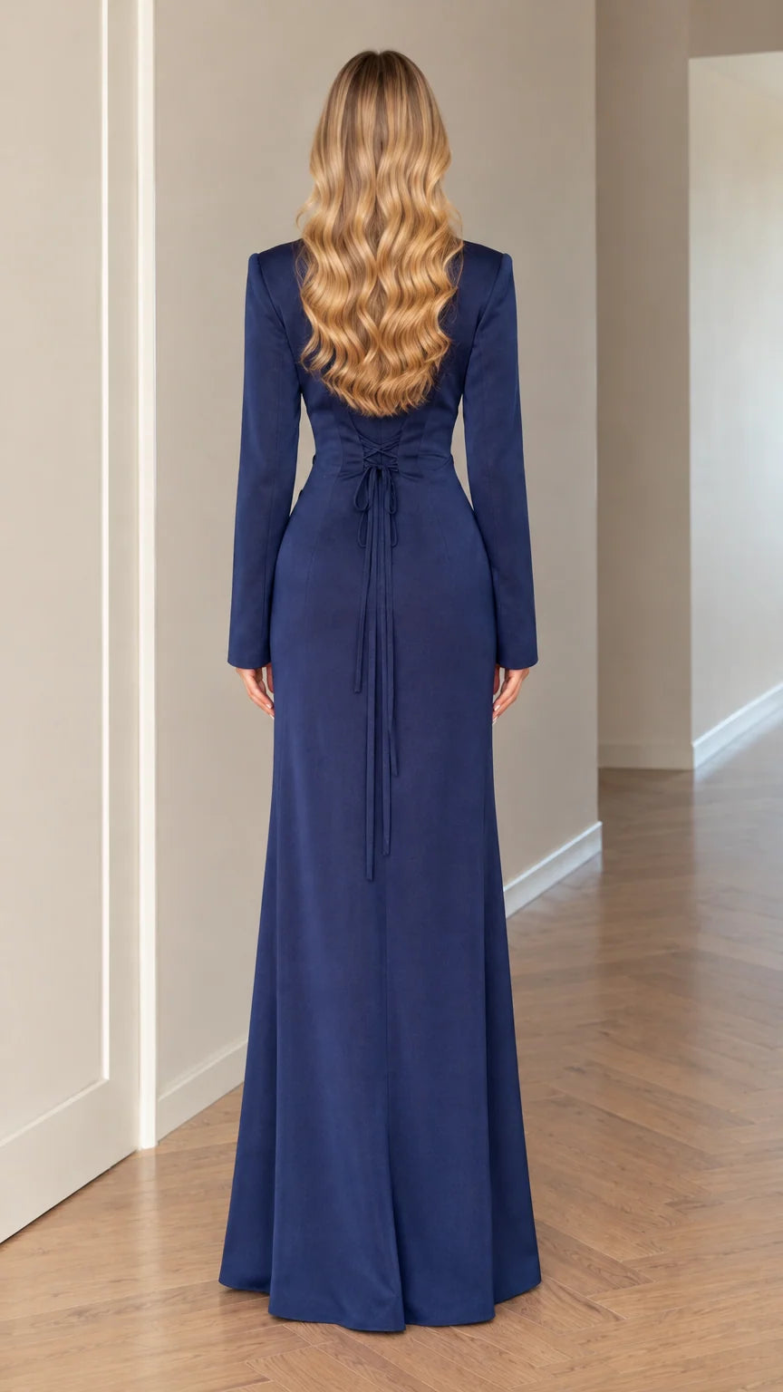 Back view of Navy Blue evening gown showcasing adjustable lace-up tie detail