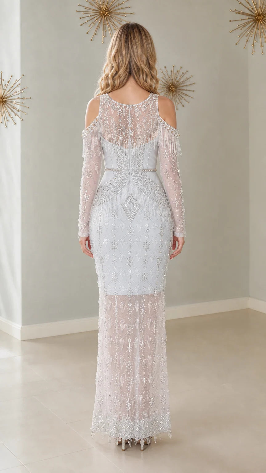 Back view of Ice Blue embellished cold shoulder evening gown