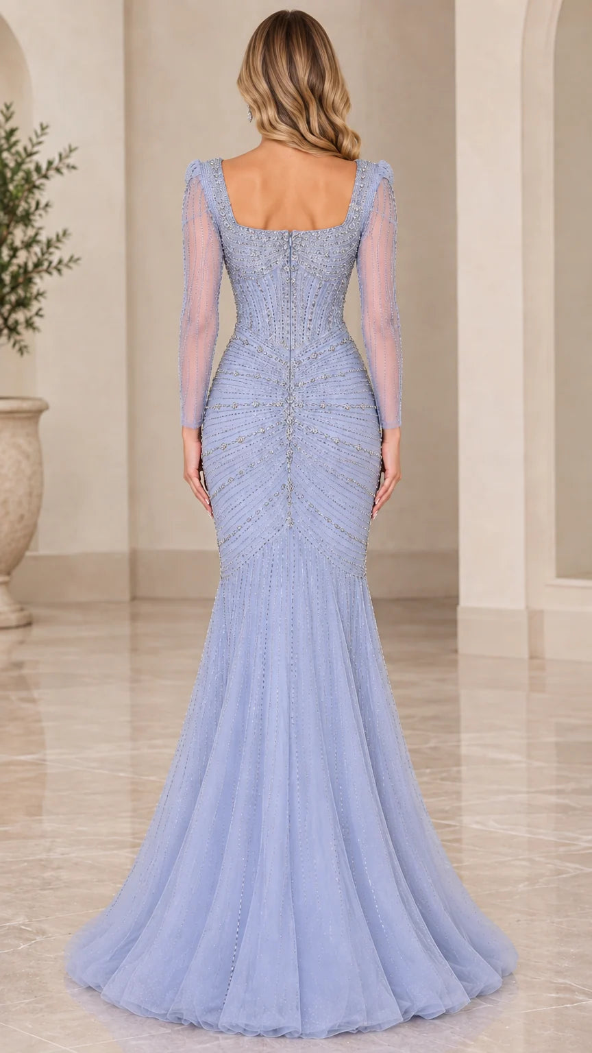 Periwinkle blue beaded formal gown back view showing square back