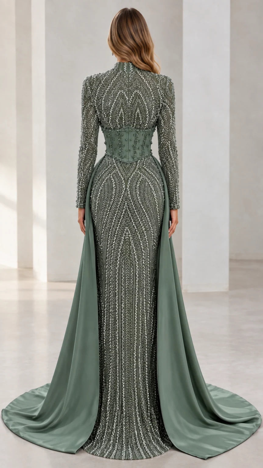 Back view of Sage Green sequin evening gown highlighting the elegant train drape