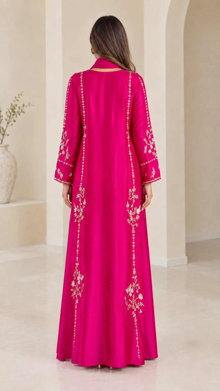 Back view of floor-length fuchsia modest embroidered dress