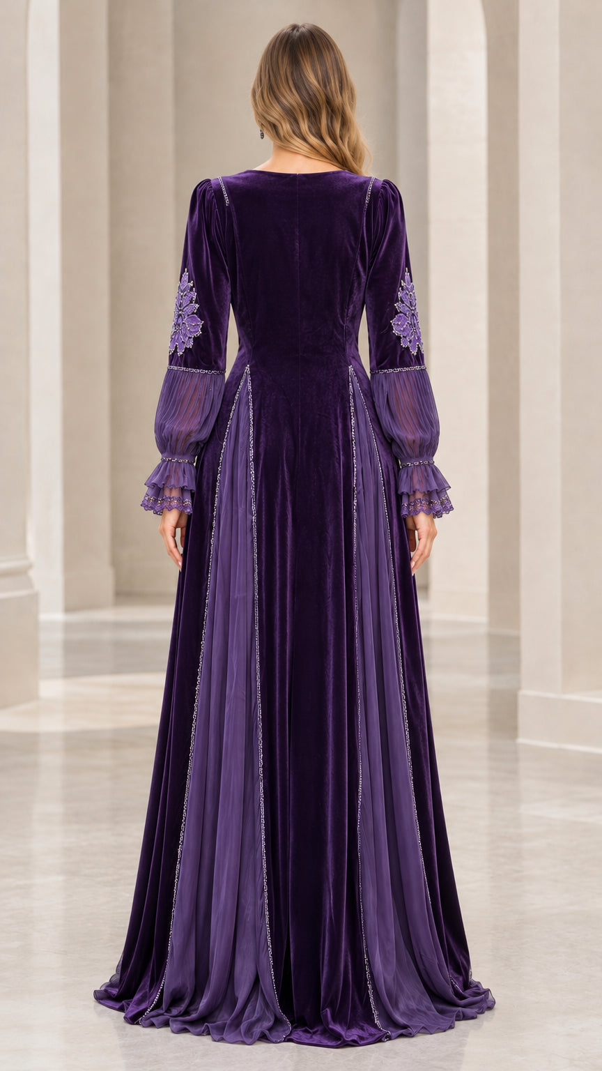 Back view of Deep Purple velvet evening gown showing length and fit