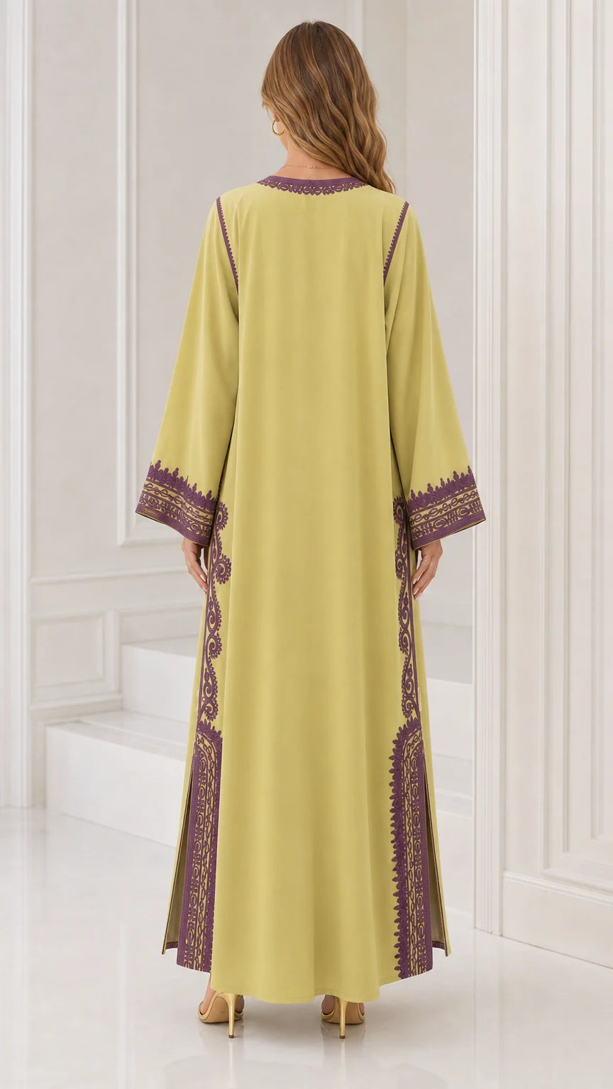 Back full view of lime green long sleeve modest kaftan maxi dress