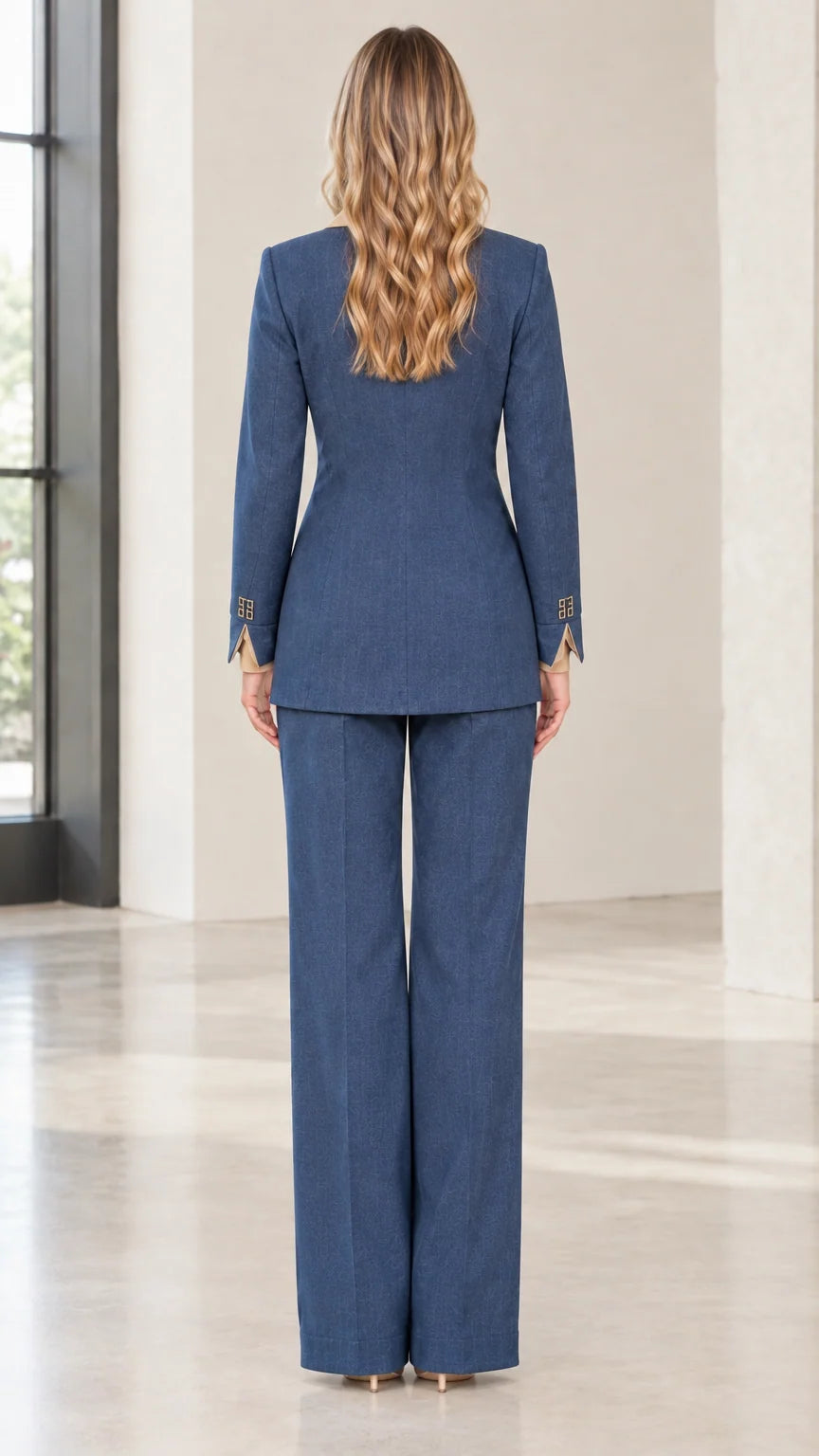 Back view of women's slate blue structured tailored pant suit set